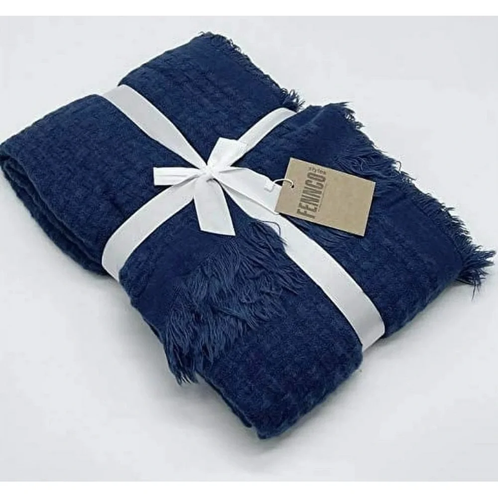 Fennco‎ Styles Waffle Weave Blue Sift Lightweight Throw Blanket Fringe 50x60 NWT